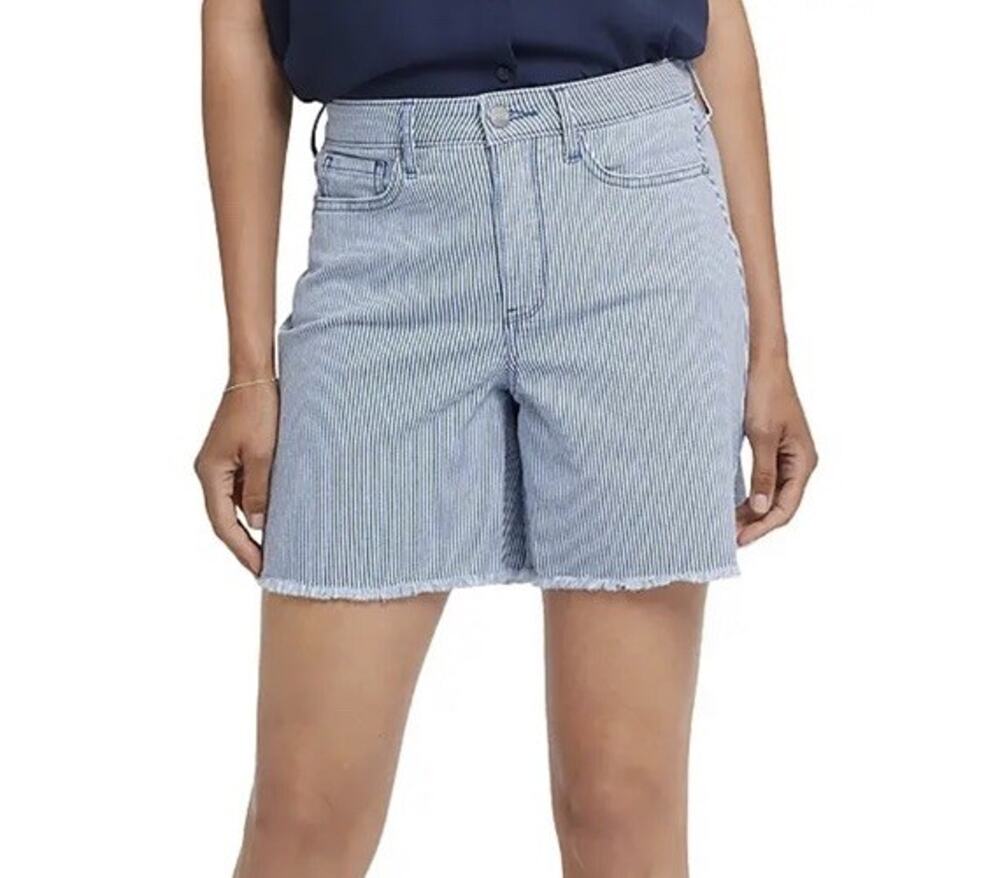 NYDJ Relaxed Shorts White Blue Striped Lift Tuck Tech Frayed Hem Women Sz 16